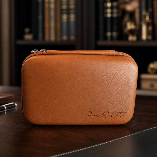 Custom engraved leatherette Legacy Case on a walnut desk — personalized milestone gift