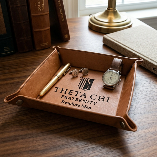 Brown leatherette catchall tray with snap corners, engraved with Theta Chi Greek letters, holding keys and a watch on a wooden dresser.
