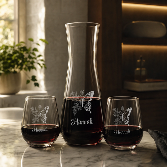 Custom engraved wine decanter set with glasses — personalized wedding gift