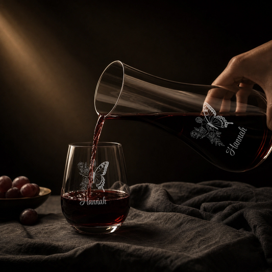 Custom engraved wine decanter — engraving detail close-up