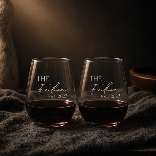 Custom engraved wine glass — engraving detail close-up