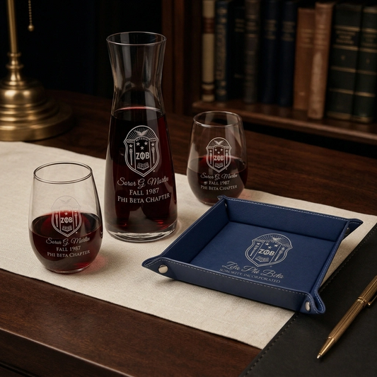 Zeta Phi Beta Custom Engraved Executive Bar Set — Decanter & Catch-All Tray