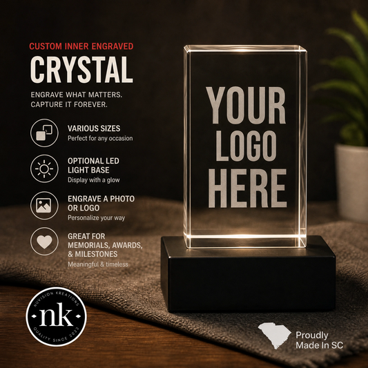Illustrative logo engraved inside crystal with optional LED base
