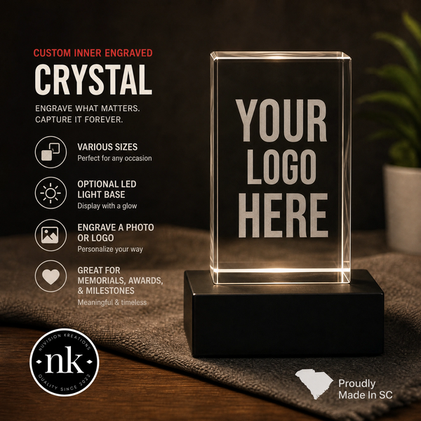 Illustrative logo engraved inside crystal with optional LED base