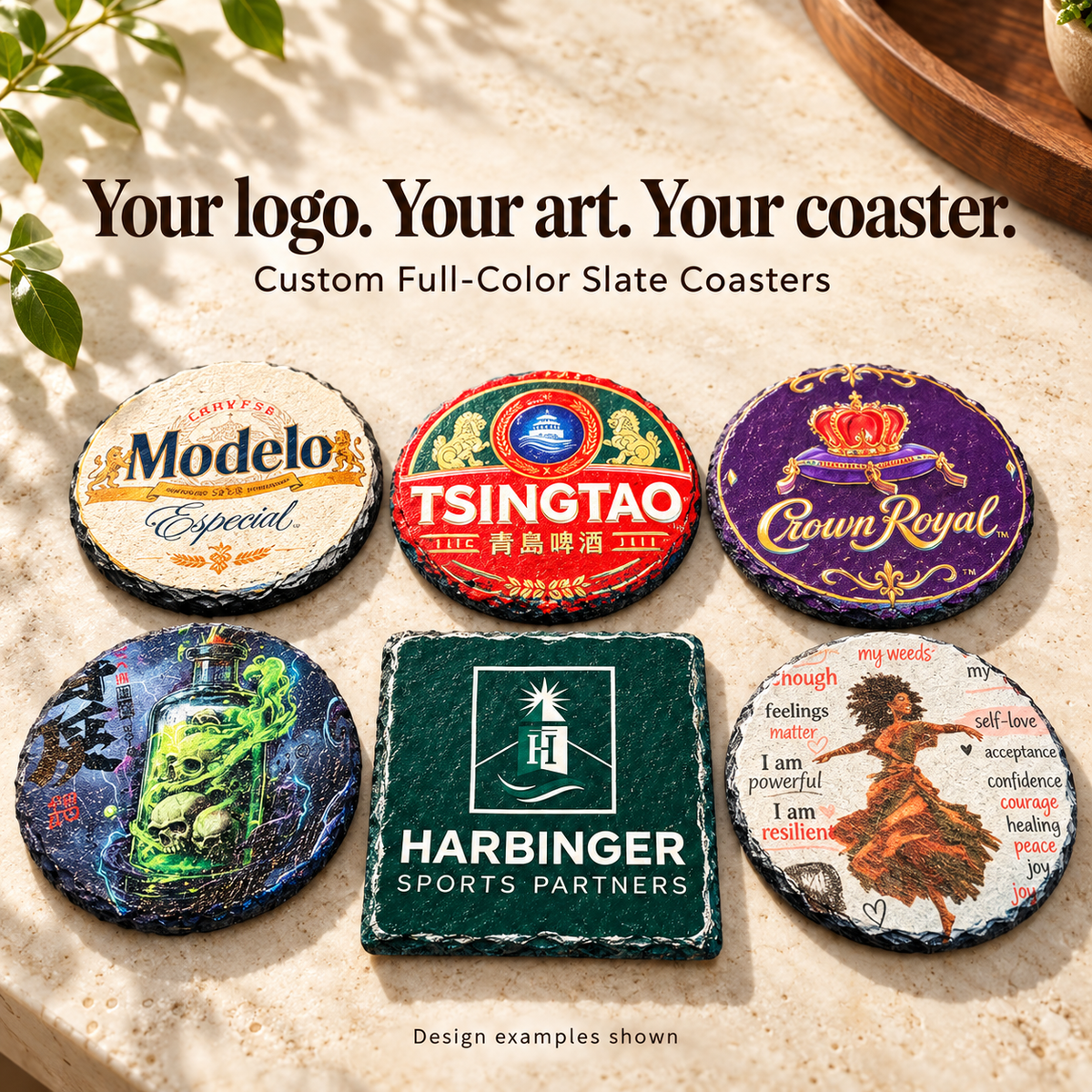 Full-color UV coaster examples; engraved option produces a monochrome logo