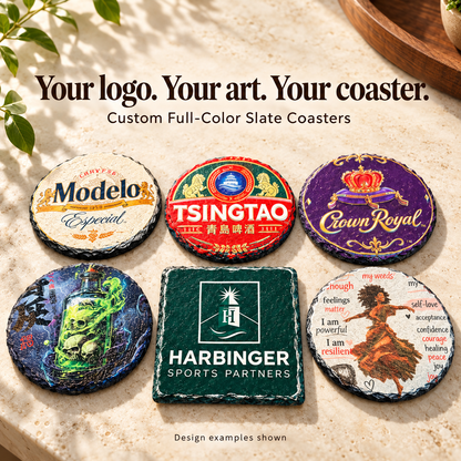 Full-color UV coaster examples; engraved option produces a monochrome logo