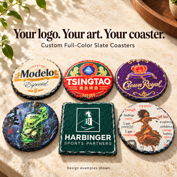 Full-color UV coaster examples; engraved option produces a monochrome logo