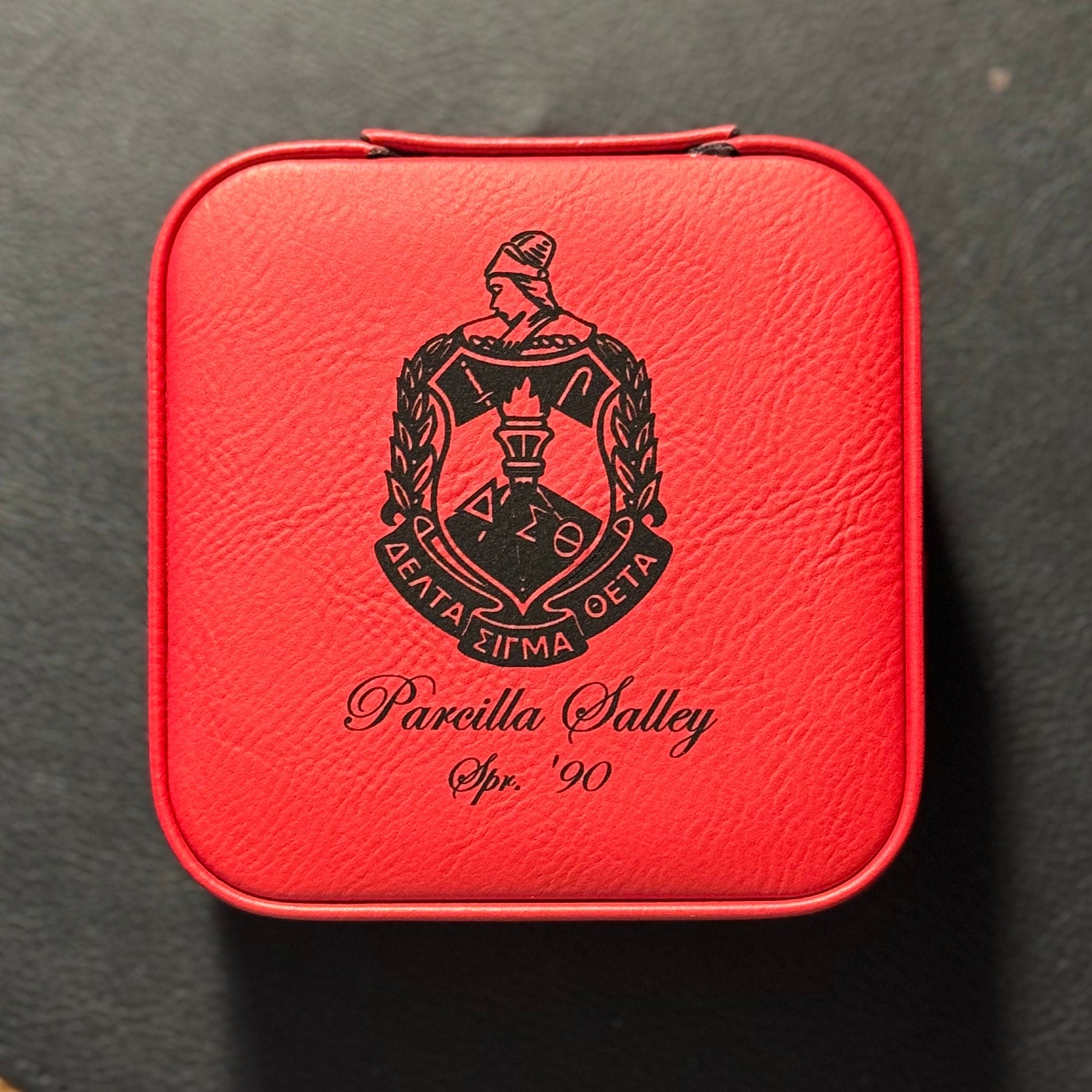 Custom Engraved Delta Sigma Theta Jewelry Box, Personalized Sorority Gift, Red Travel Jewelry Organizer