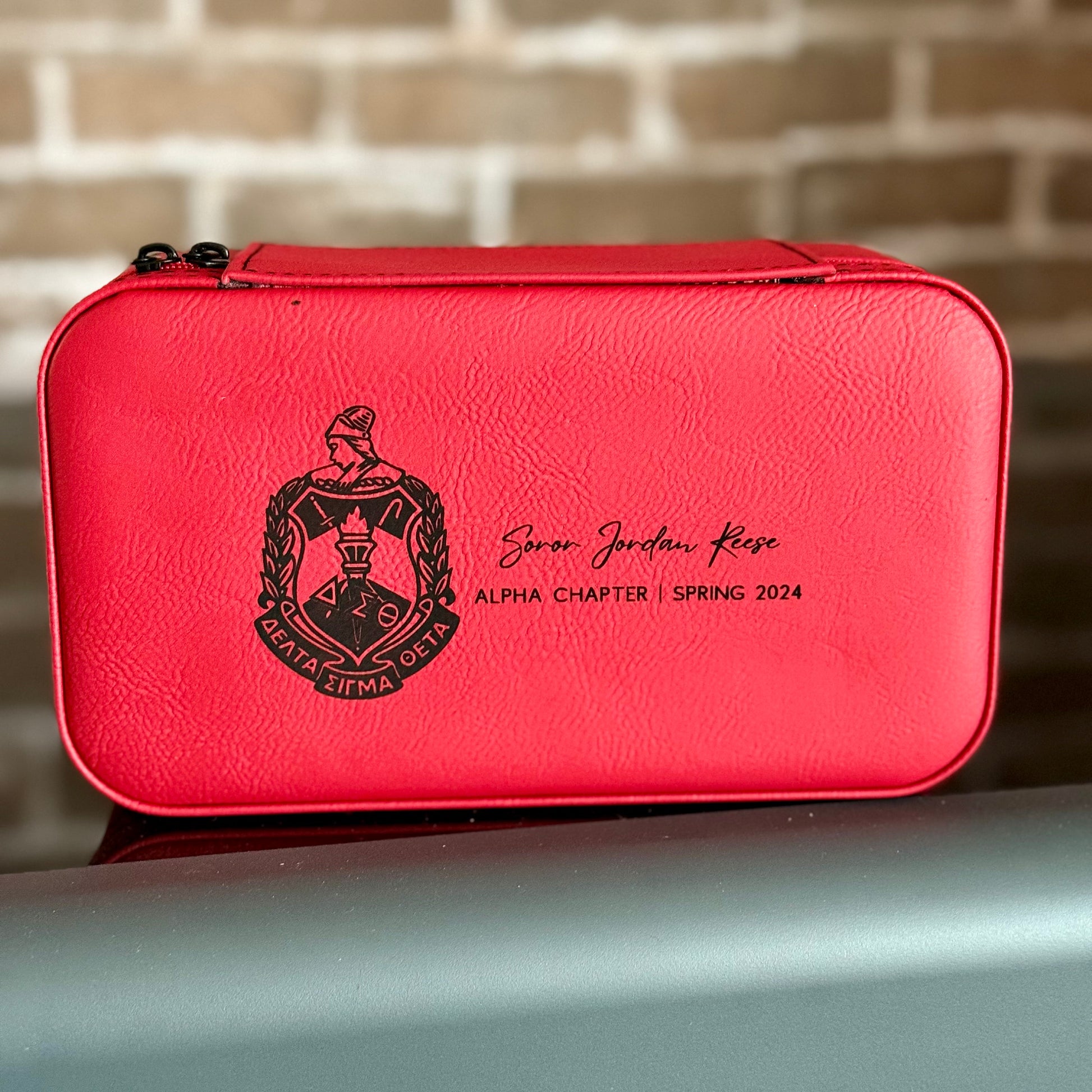 Custom Engraved Delta Sigma Theta Jewelry Box, Personalized Sorority Gift, Red Travel Jewelry Organizer