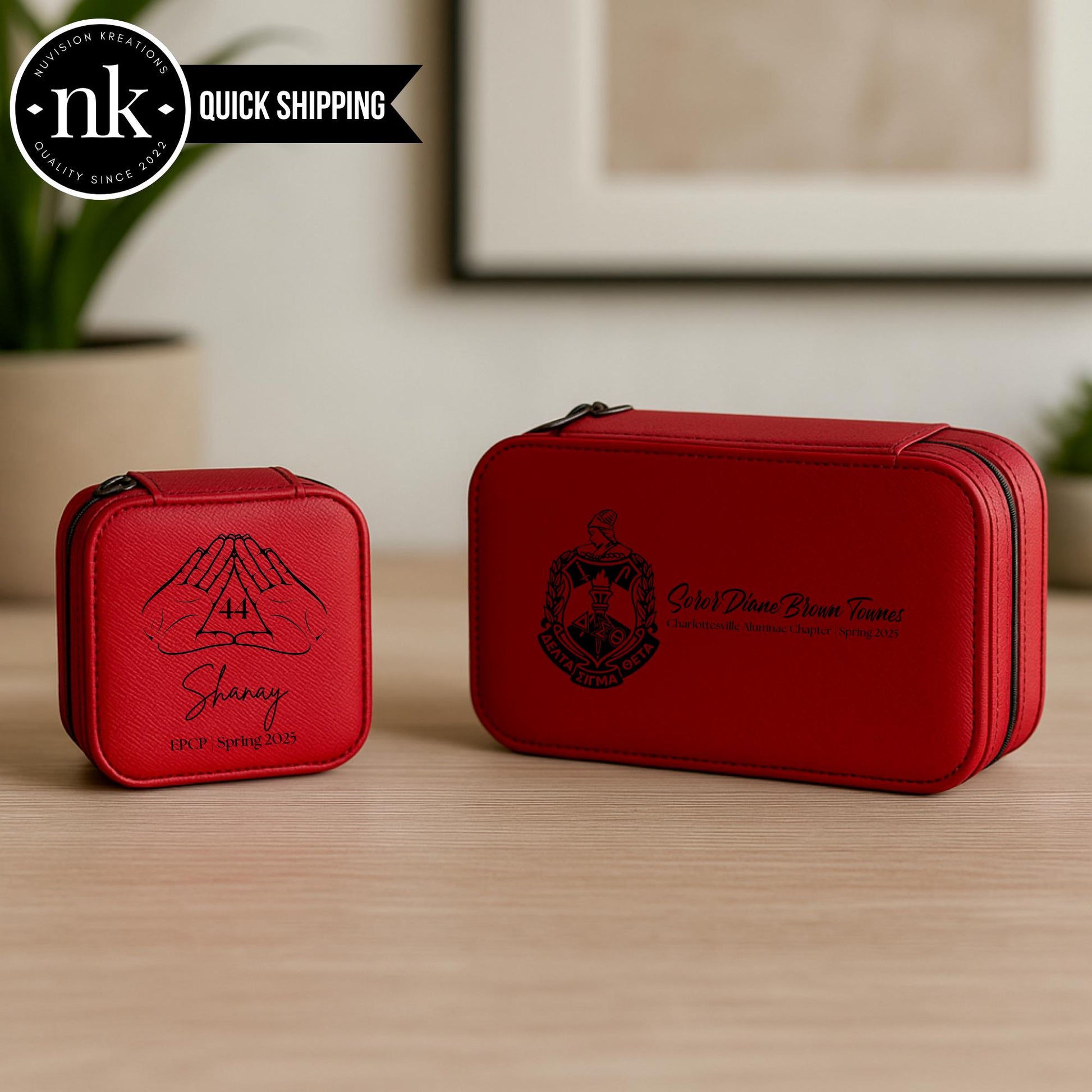 Custom Engraved Delta Sigma Theta Jewelry Box, Personalized Sorority Gift, Red Travel Jewelry Organizer