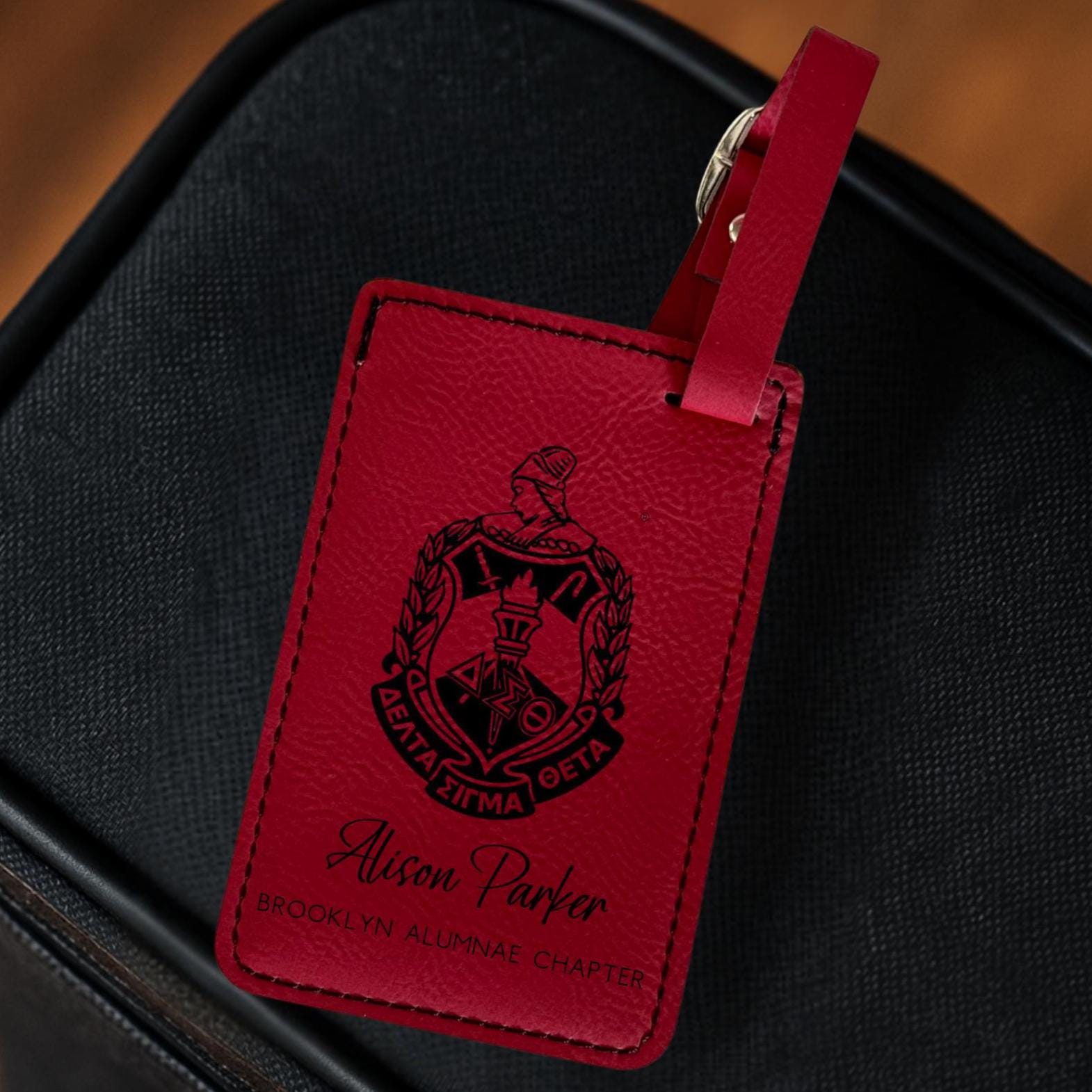 Custom Engraved Delta Sigma Theta Leather Luggage Tags - Personalized Black Engraved Travel Accessory, DST Sorority Gift