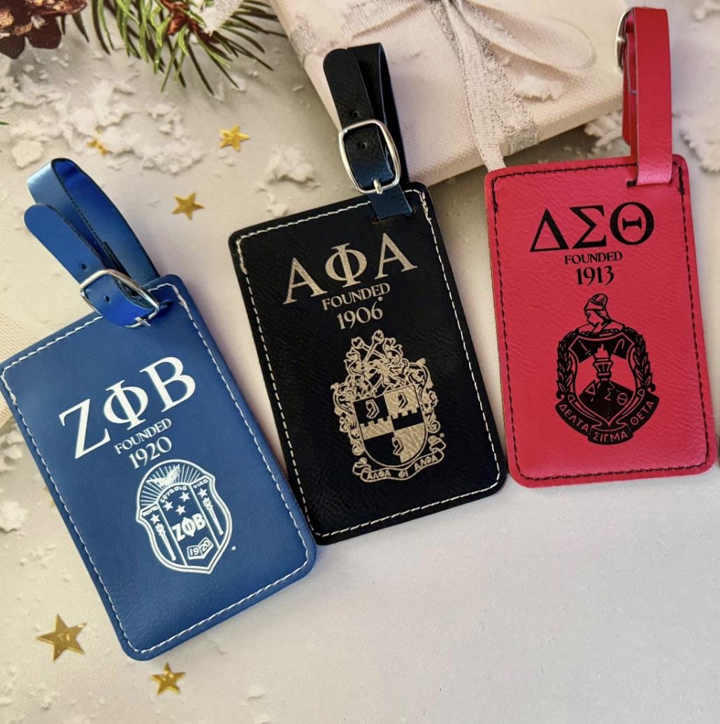 Custom Engraved Delta Sigma Theta Leather Luggage Tags - Personalized Black Engraved Travel Accessory, DST Sorority Gift