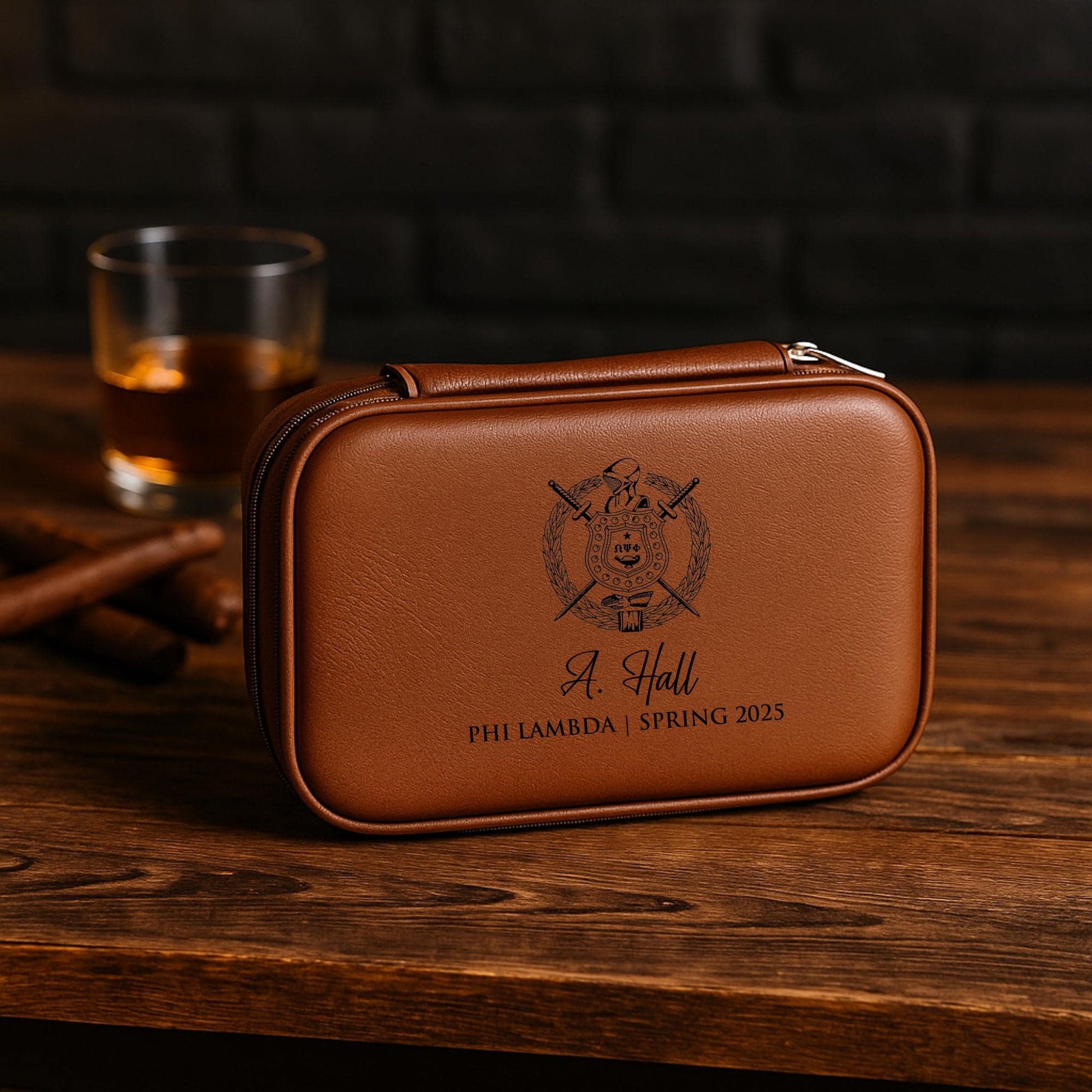 Custom Engraved Omega Psi Phi Leather Travel Case – Personalized Engraved Cigar Holder, Father's Day, Omega Travel Humidor