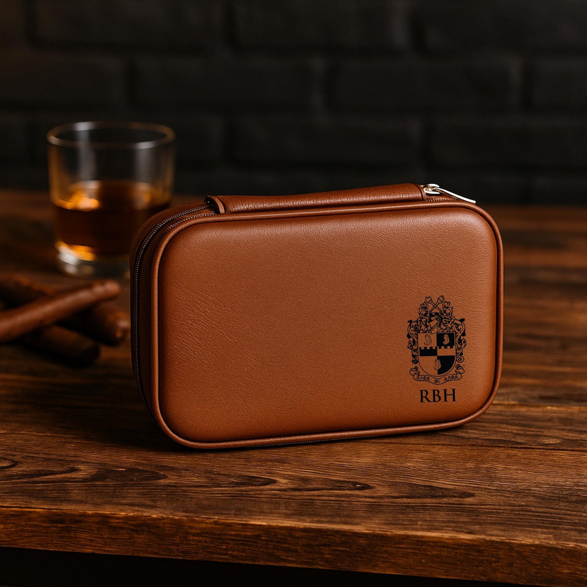 Custom Engraved Alpha Phi Alpha Leather Travel Case – Personalized Engraved Cigar Holder, Father's Day, Alpha Travel Humidor