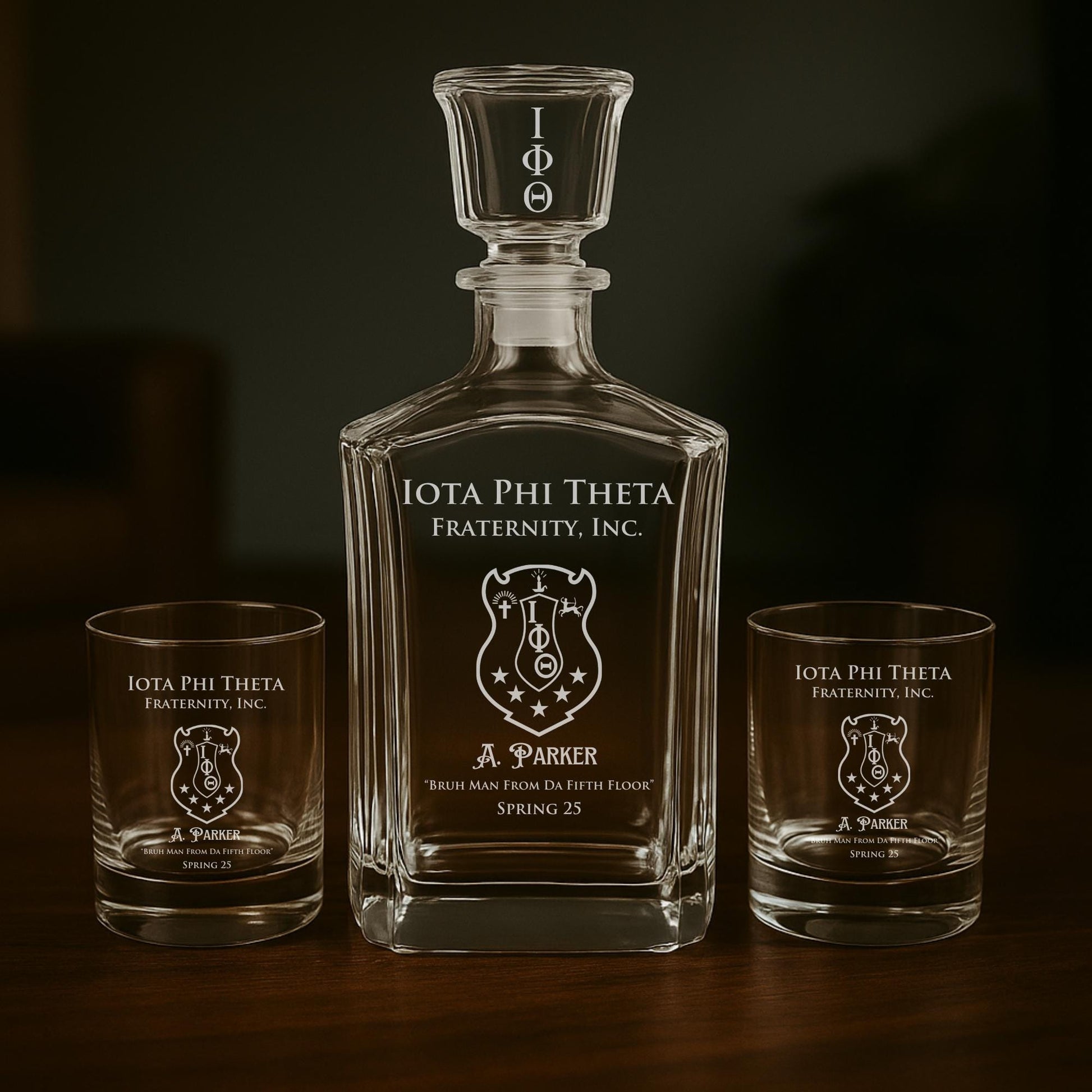 Custom Engraved Iota Phi Theta Fraternity Decanter Set