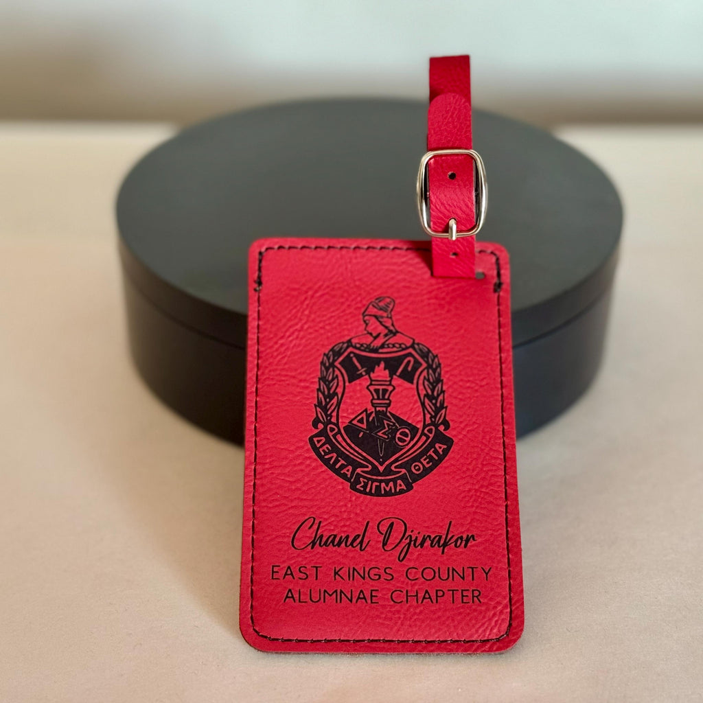 Custom Engraved Delta Sigma Theta Leather Luggage Tags - Personalized Black Engraved Travel Accessory, DST Sorority Gift
