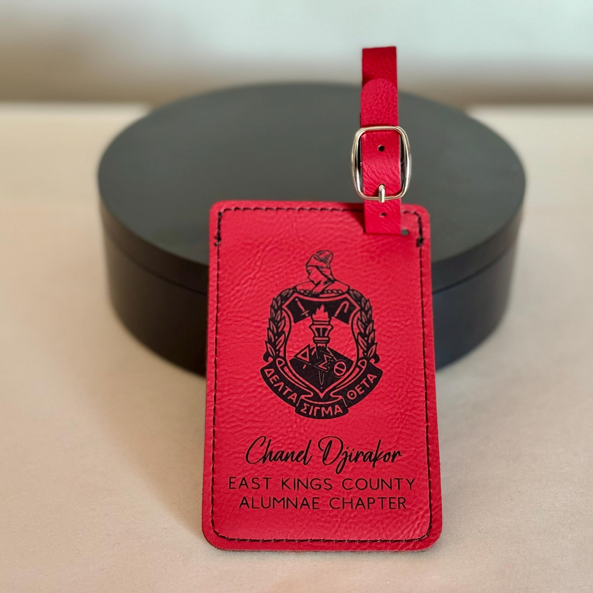 Custom Engraved Delta Sigma Theta Leather Luggage Tags - Personalized Black Engraved Travel Accessory, DST Sorority Gift