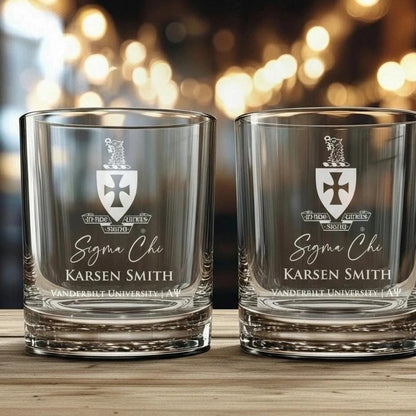 Sigma Chi Whiskey Glasses, Engraved Crest, Choose Size + Set, Alumni Gift, Chapter Gift - nuvisionkreations