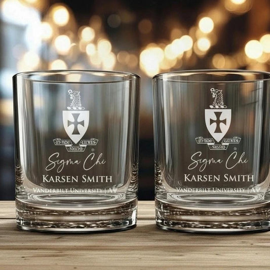 Sigma Chi Whiskey Glasses, Engraved Crest, Choose Size + Set, Alumni Gift, Chapter Gift - nuvisionkreations