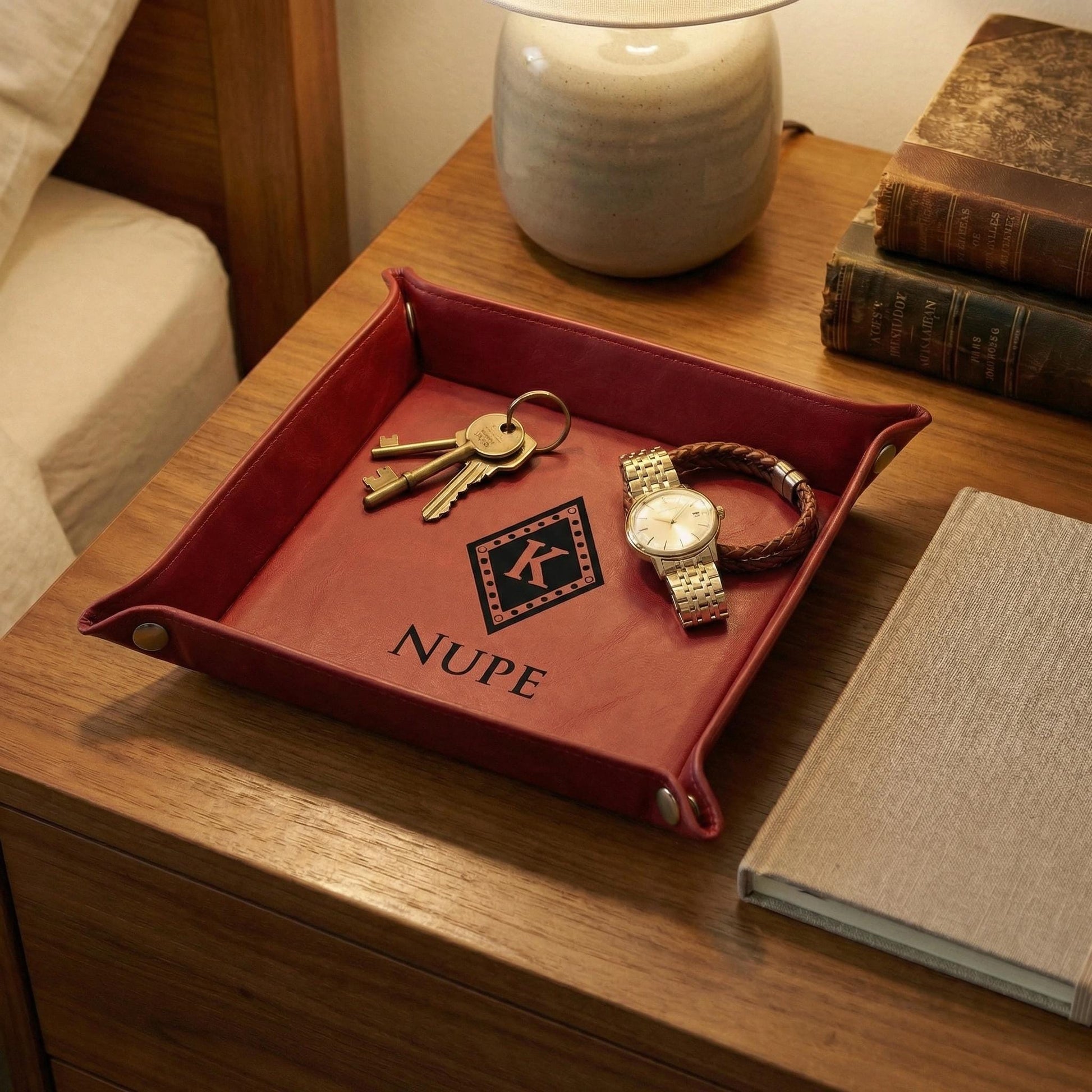 Greek Catchall Tray, Custom Engraved Leatherette Valet 6x6, Greek Letters, Fraternity Sorority Gift - nuvisionkreations