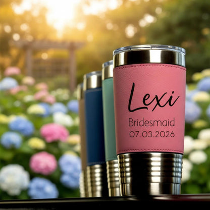 Personalized Leather Travel Tumbler 20oz, Custom Engraved Name Monogram Mug - nuvisionkreations