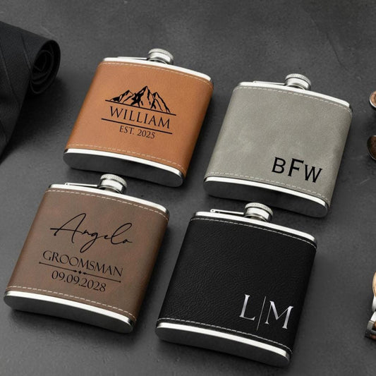 Personalized Leather Hip Flask 6oz, Custom Engraved Flask, Monogram or Name, Groomsmen Gift - nuvisionkreations