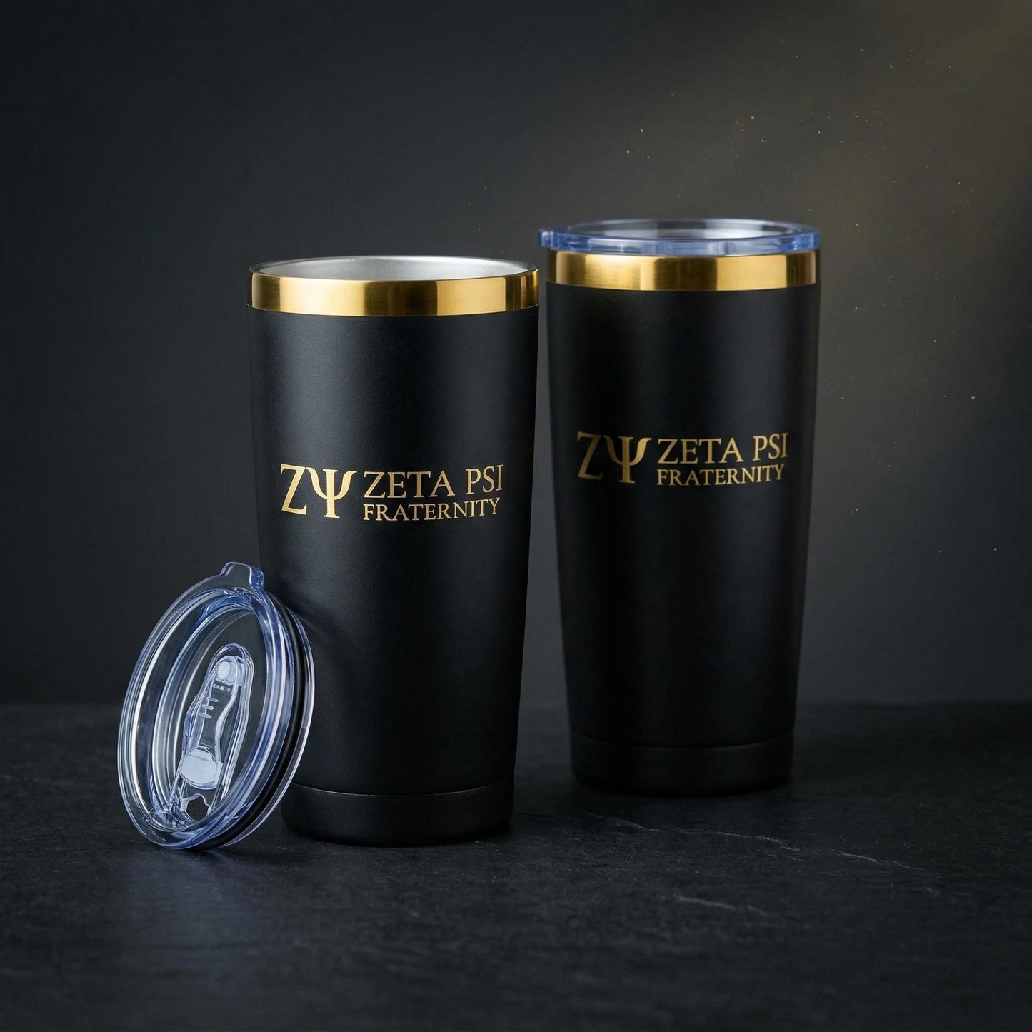Zeta Psi Fraternity Engraved Tumbler, Black Gold Stainless Steel, Personalized Option - nuvisionkreations