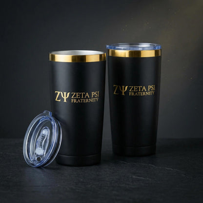Zeta Psi Fraternity Engraved Tumbler, Black Gold Stainless Steel, Personalized Option - nuvisionkreations
