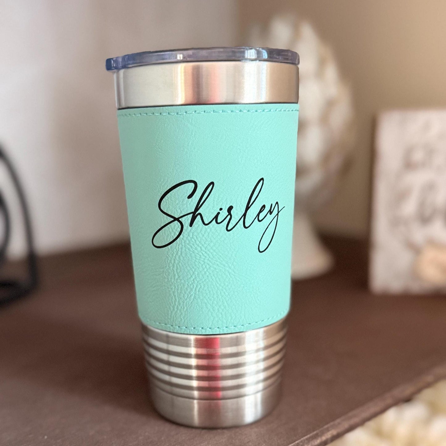 Personalized Leather Travel Tumbler 20oz, Custom Engraved Name Monogram Mug - nuvisionkreations