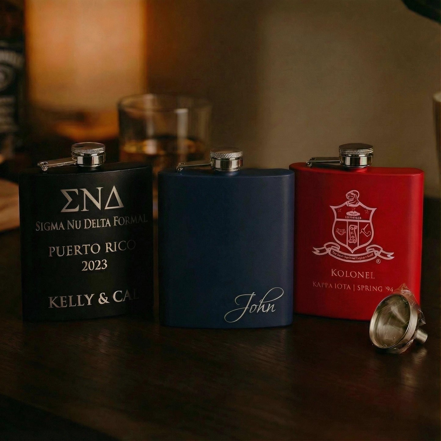 Custom Greek Hip Flask 6oz, Powder Coated or Leatherette, Engraved Greek Letters, Fraternity Gift - nuvisionkreations