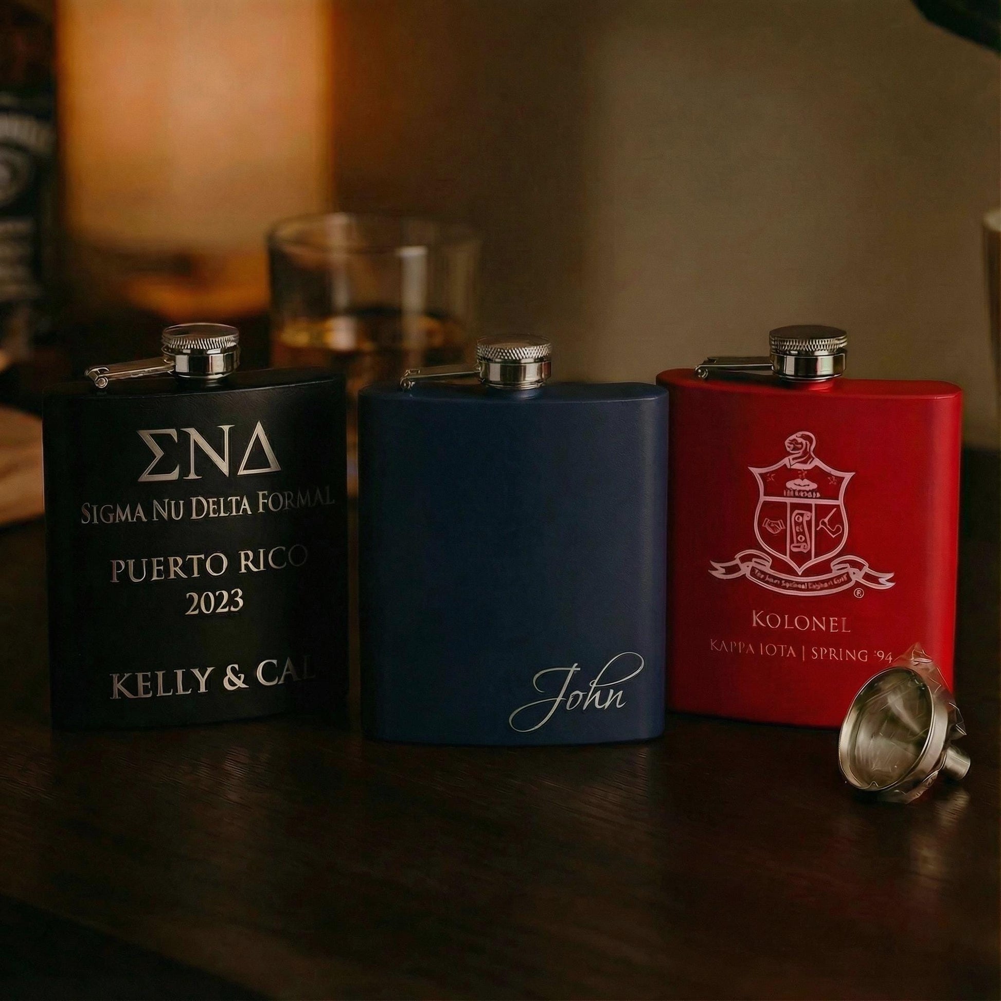 Custom Greek Hip Flask 6oz, Powder Coated or Leatherette, Engraved Greek Letters, Fraternity Gift - nuvisionkreations