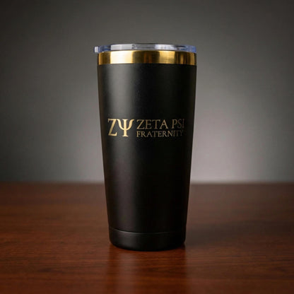Zeta Psi Fraternity Engraved Tumbler, Black Gold Stainless Steel, Personalized Option - nuvisionkreations