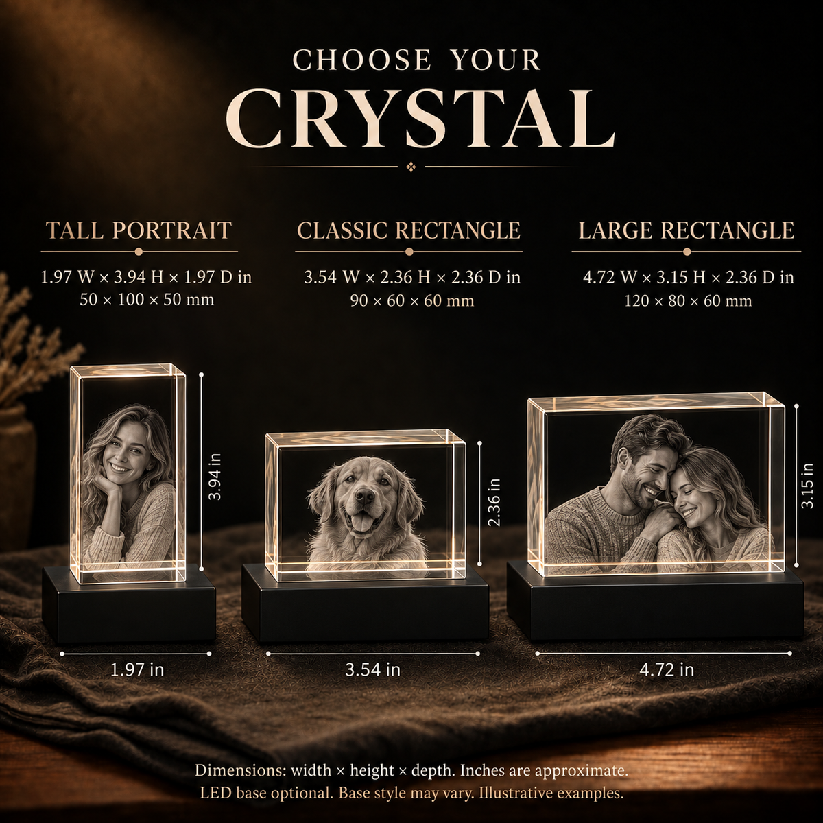 Three crystal sizes, width × height × depth: Tall Portrait 1.97 × 3.94 × 1.97 inches (50 × 100 × 50 mm); Classic Rectangle 3.54 × 2.36 × 2.36 inches (90 × 60 × 60 mm); Large Rectangle 4.72 × 3.15 × 2.36 inches (120 × 80 × 60 mm). LED base optional.