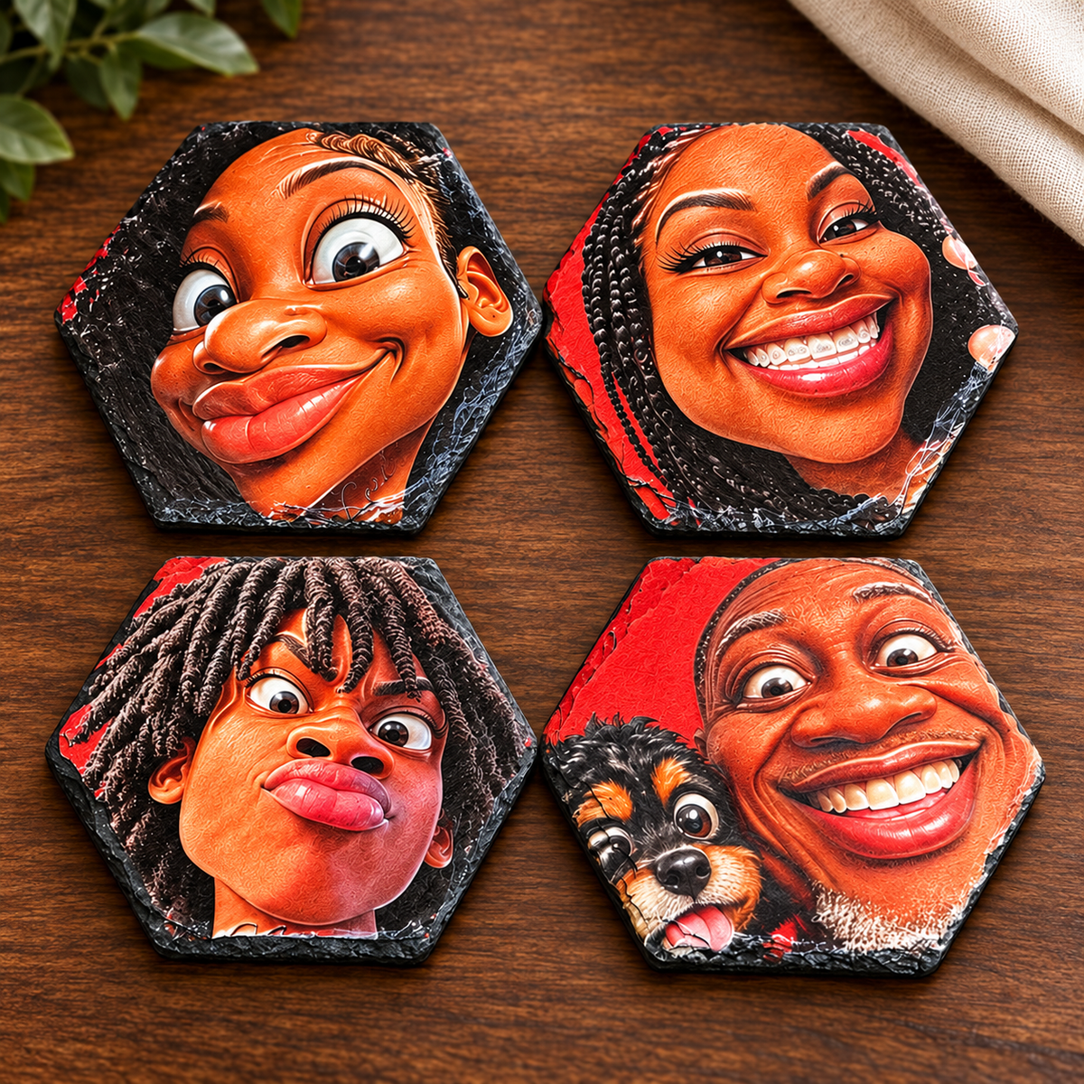 Four hexagonal slate coasters with colorful caricature portraits, including a man with a dog, on walnut. AI-assisted presentation of the owner's product image.