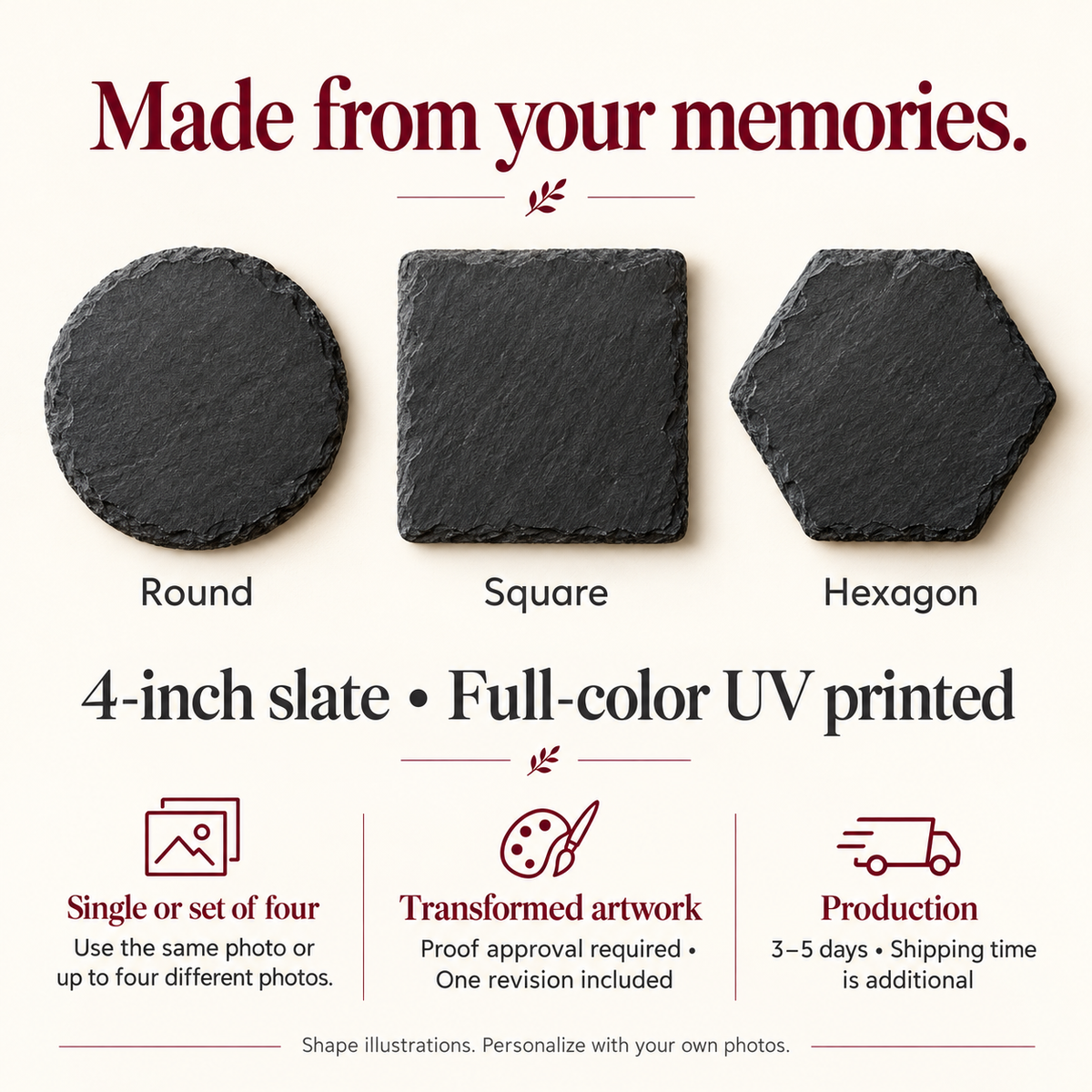 Illustrated round, square and hexagon slate shapes. 4-inch, full-color UV printing; single or set of four; approval required for transformed artwork, one revision, 3–5 days production.