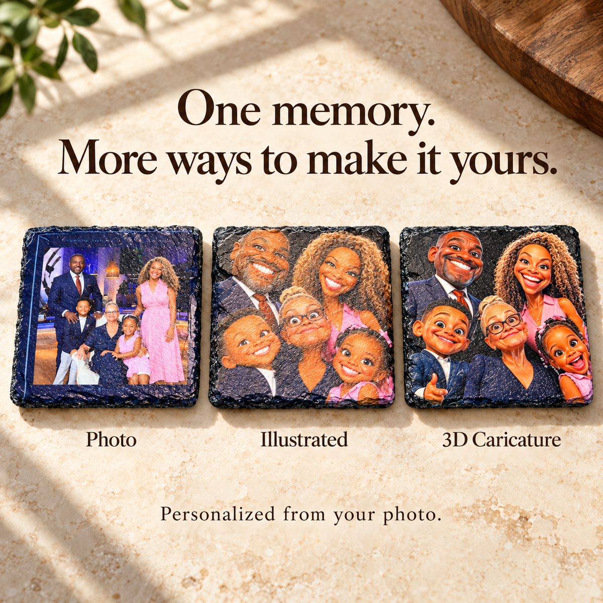 Three square slate family portrait coasters shown in photo, illustrated and 3D caricature styles on warm ivory stone. AI-assisted presentation of the owner's completed coaster designs.